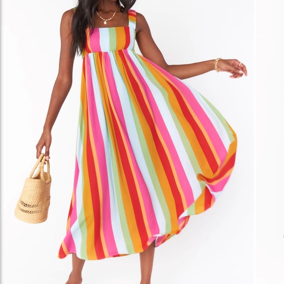 NWT Show Me Your Mumu Fling Midi Dress in getaway stripe. Rainbow colored - Picture 2 of 11